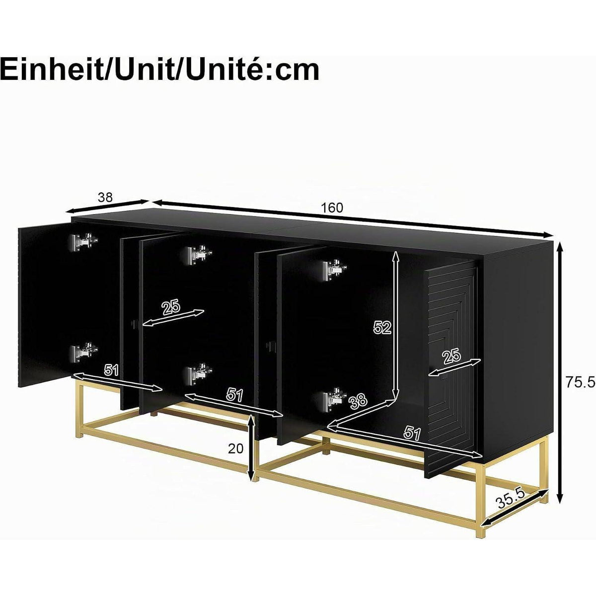 Sideboard Schrank Schwarz mit 3 Türen & Goldbeinen, 160cm
