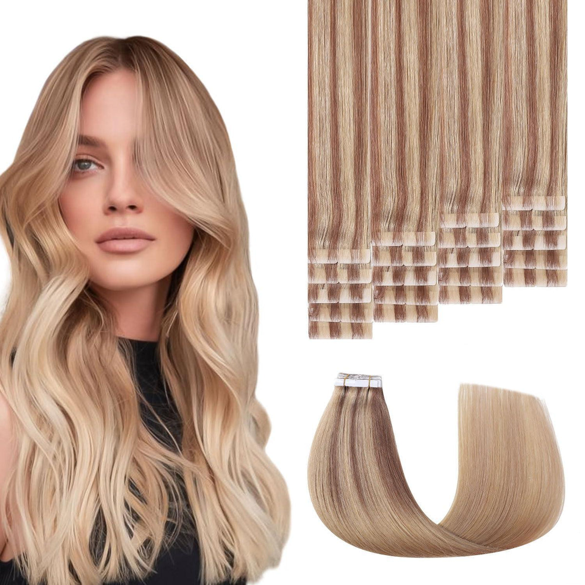 Remy Tape Haarverlängerung #10/27/27 Hellbraun mit Goldblond 45cm