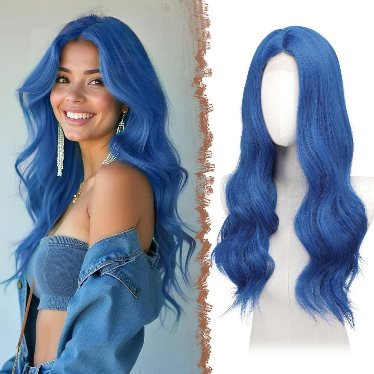 Lange gewellte blaue Perücke mit Spitze | 60cm Synthetik Perücke für Party & Cosplay