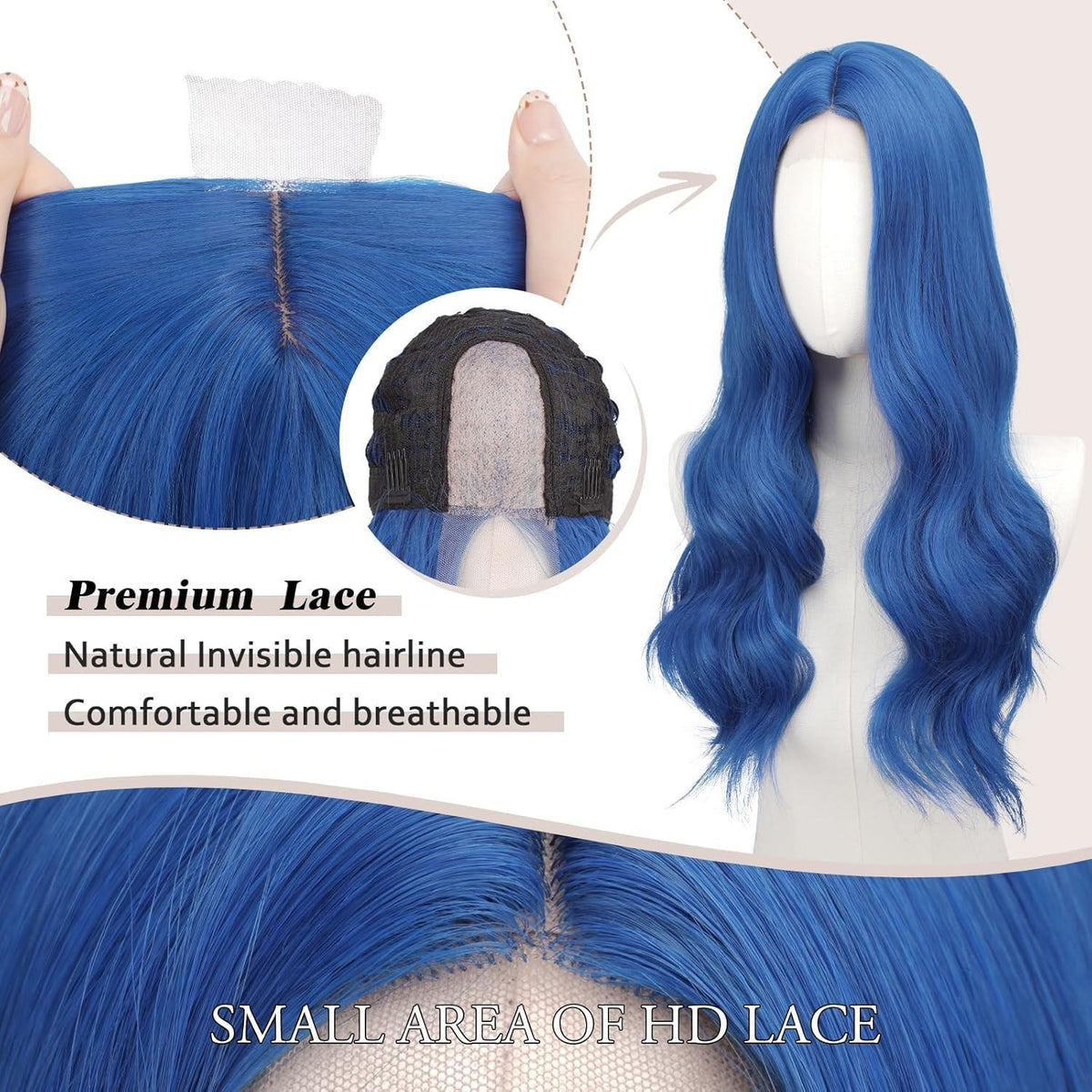 Lange gewellte blaue Perücke mit Spitze | 60cm Synthetik Perücke für Party & Cosplay