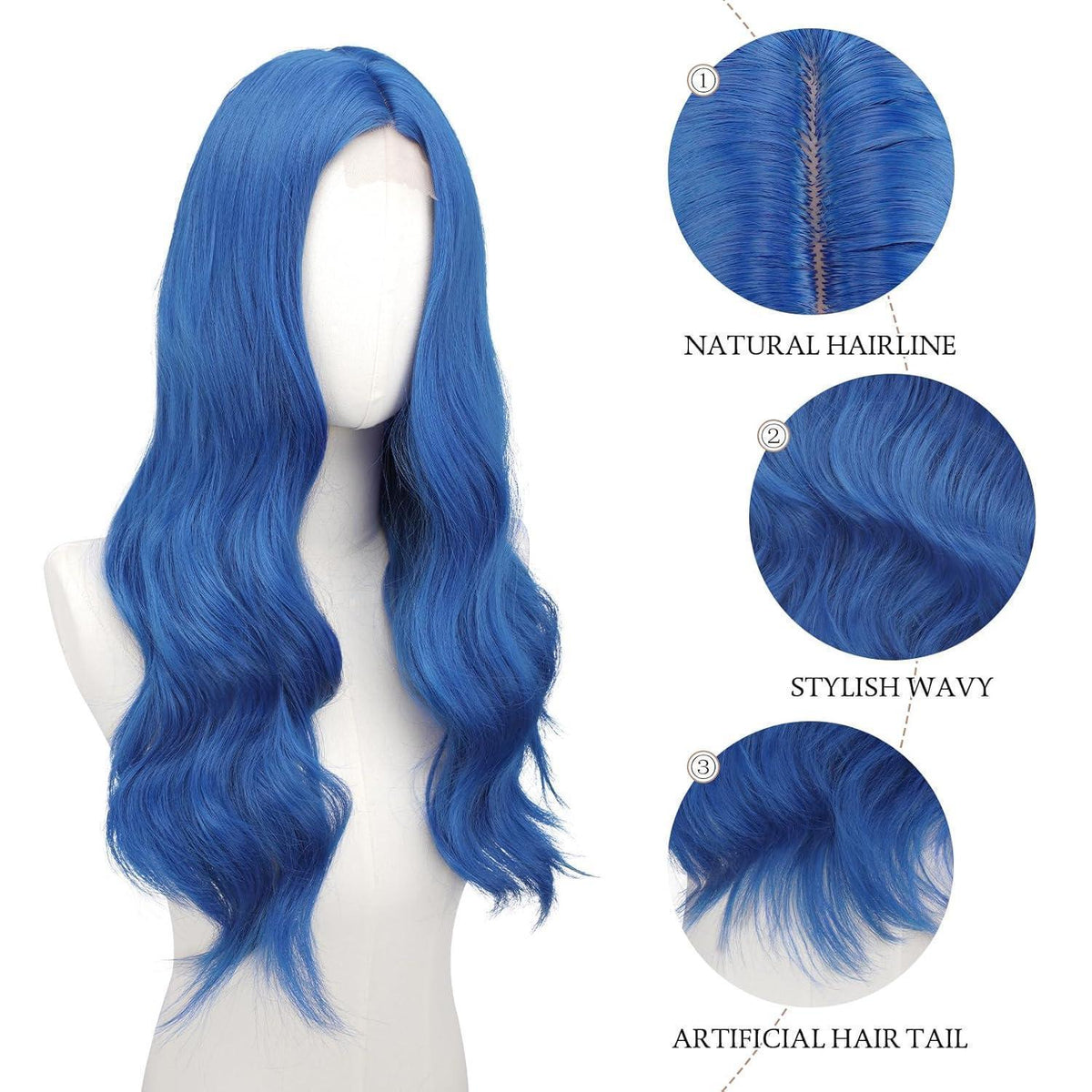 Lange gewellte blaue Perücke mit Spitze | 60cm Synthetik Perücke für Party & Cosplay