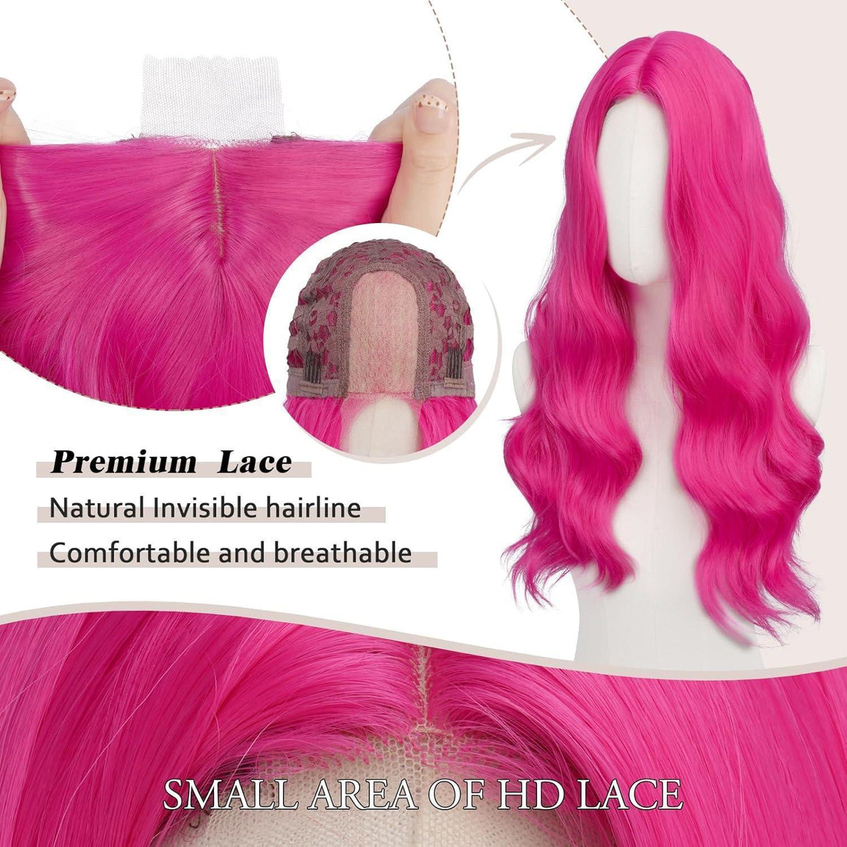 Lange gewellte Rosa Perücke mit Spitze – 60cm Synthetik Perücke