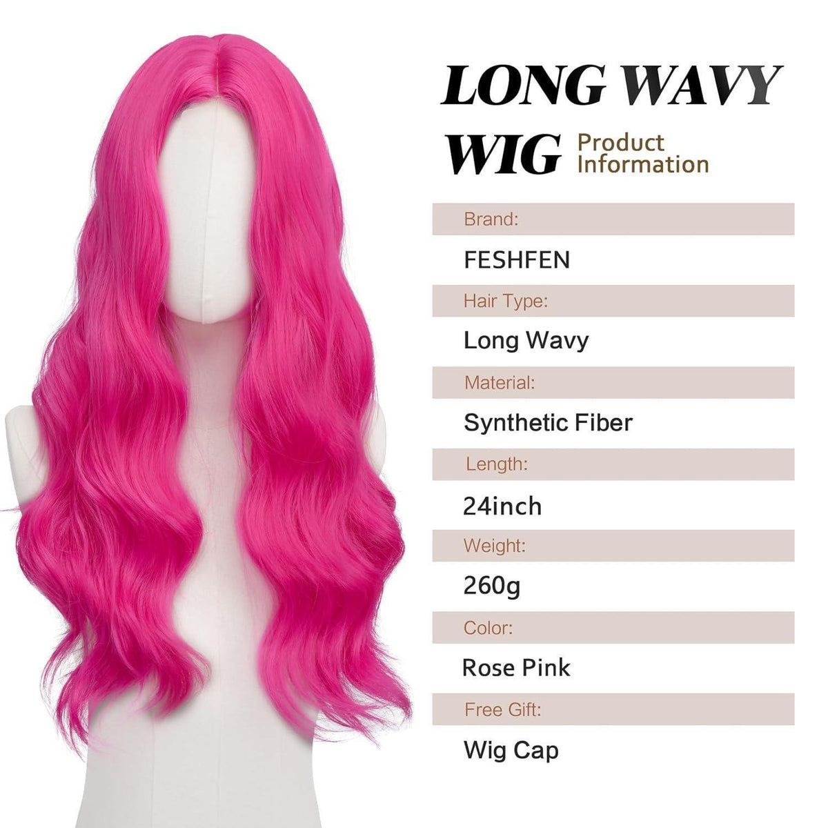 Lange gewellte Rosa Perücke mit Spitze – 60cm Synthetik Perücke