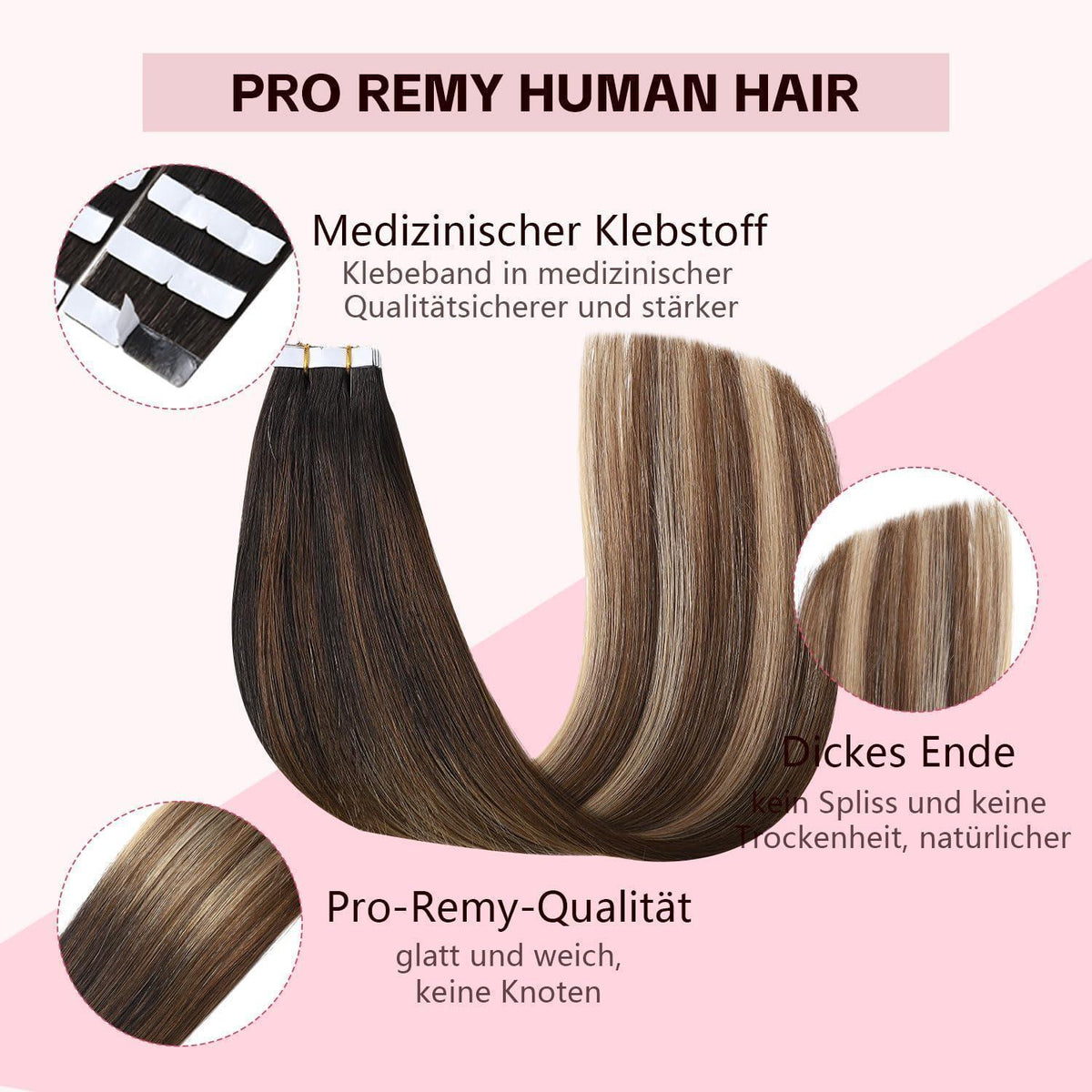 Echthaar Tape Extensions Schwarz Braun Karamellblond 55cm