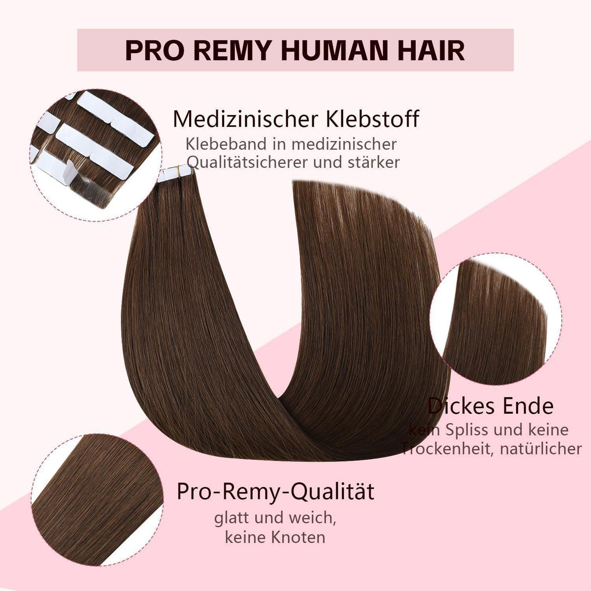 Remy Echthaar Tape Extensions #4 Mittel Braun 40cm