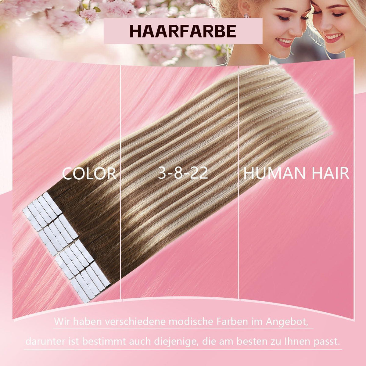 Echthaar Tape Extensions 50cm - Walnuss bis Hellblond #3/8/22