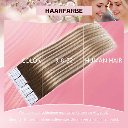 Echthaar Tape Extensions 50cm - Walnuss bis Hellblond #3/8/22