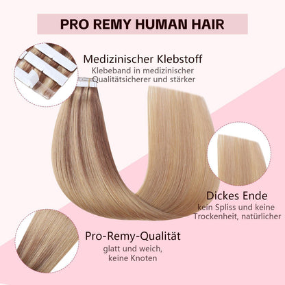Echthaar Tape Extensions #10/27/27 Hellbraun mit Goldblond 55cm