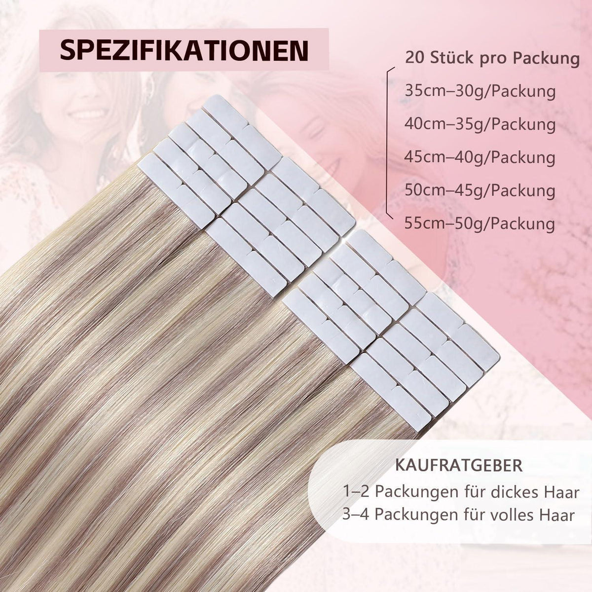 Echthaar Tape Extensions Aschblond #18p613, 55cm, 50g