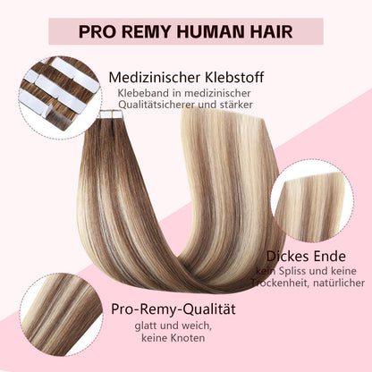 Remy Echthaar Tape Extensions #3/8/22 Walnuss Braun bis Blond 40cm