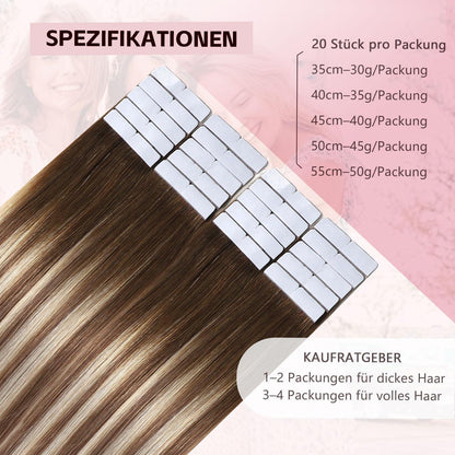 Remy Echthaar Tape Extensions #3/8/22 Walnuss Braun bis Blond 40cm