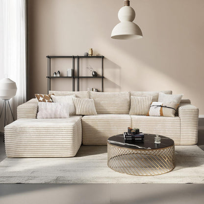 Modulares Ecksofa Cord Stoff – L Form mit Schlaffunktion & Kissen, Beige