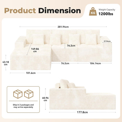 Modulares Ecksofa Cord Stoff – L Form mit Schlaffunktion & Kissen, Beige