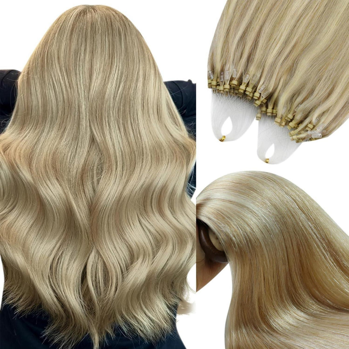 Blond Microring Extensions Echthaar 45cm – Aschblond Highlights