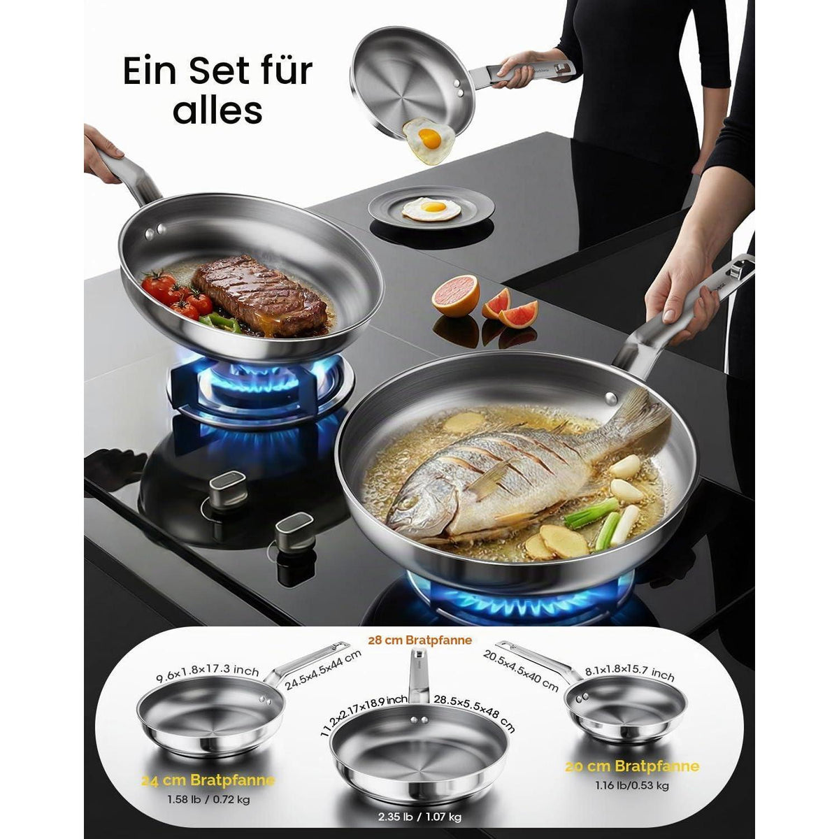 Edelstahl Pfannenset 4-teilig – Induktionsgeeignet & Stapelbar