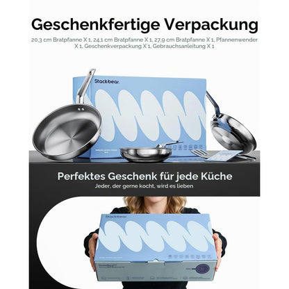 Edelstahl Pfannenset 4-teilig – Induktionsgeeignet & Stapelbar
