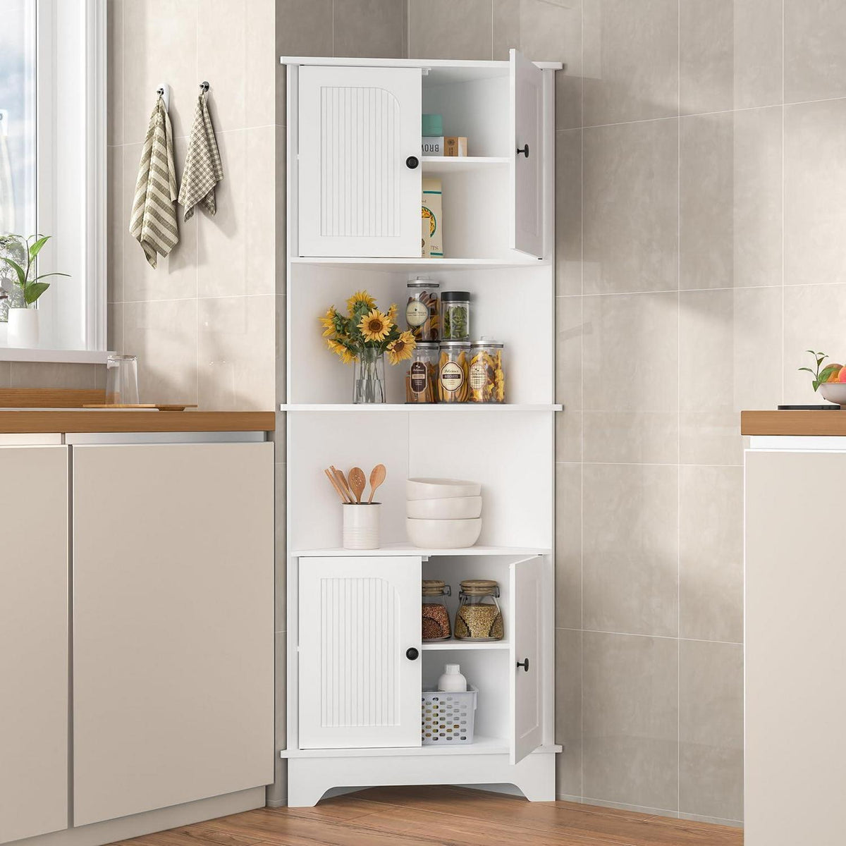 Eckschrank 173 cm mit 2 Türen & Regalen – Küchenturm für Küche, Wohnzimmer