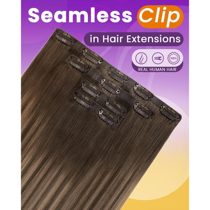 Echthaar Clip-in Extensions Balayage Hellbraun Ombre