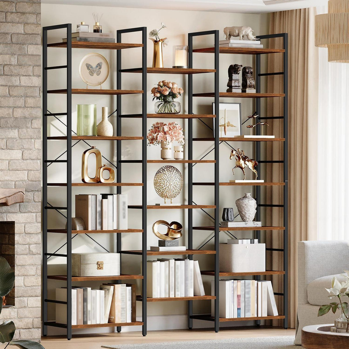 7-Etagen Bücherregal Braun-Schwarz | Standregal Vintage 24x152x217cm