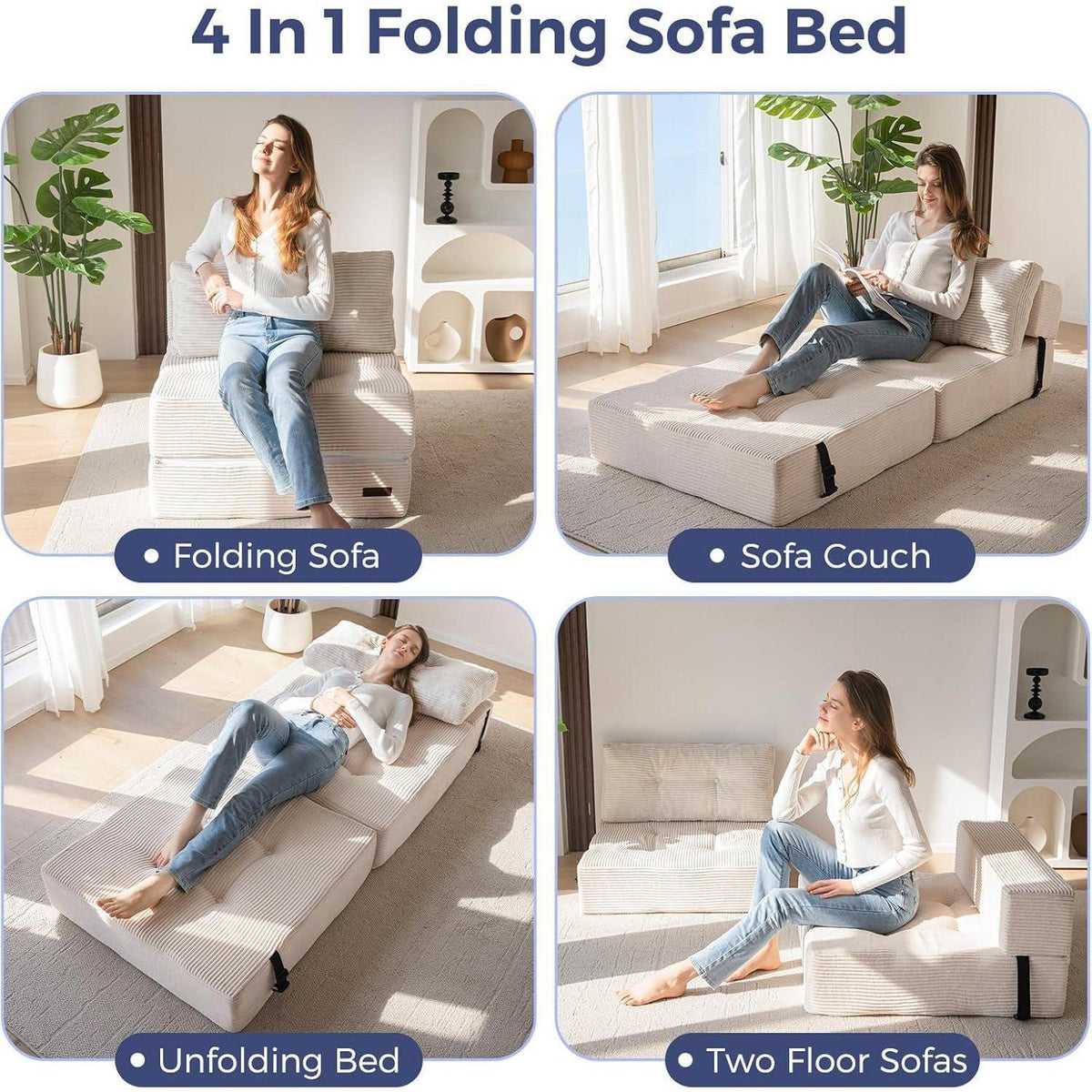 Klappsofa mit Schlaffunktion – Bequemes Bodensofa Creme
