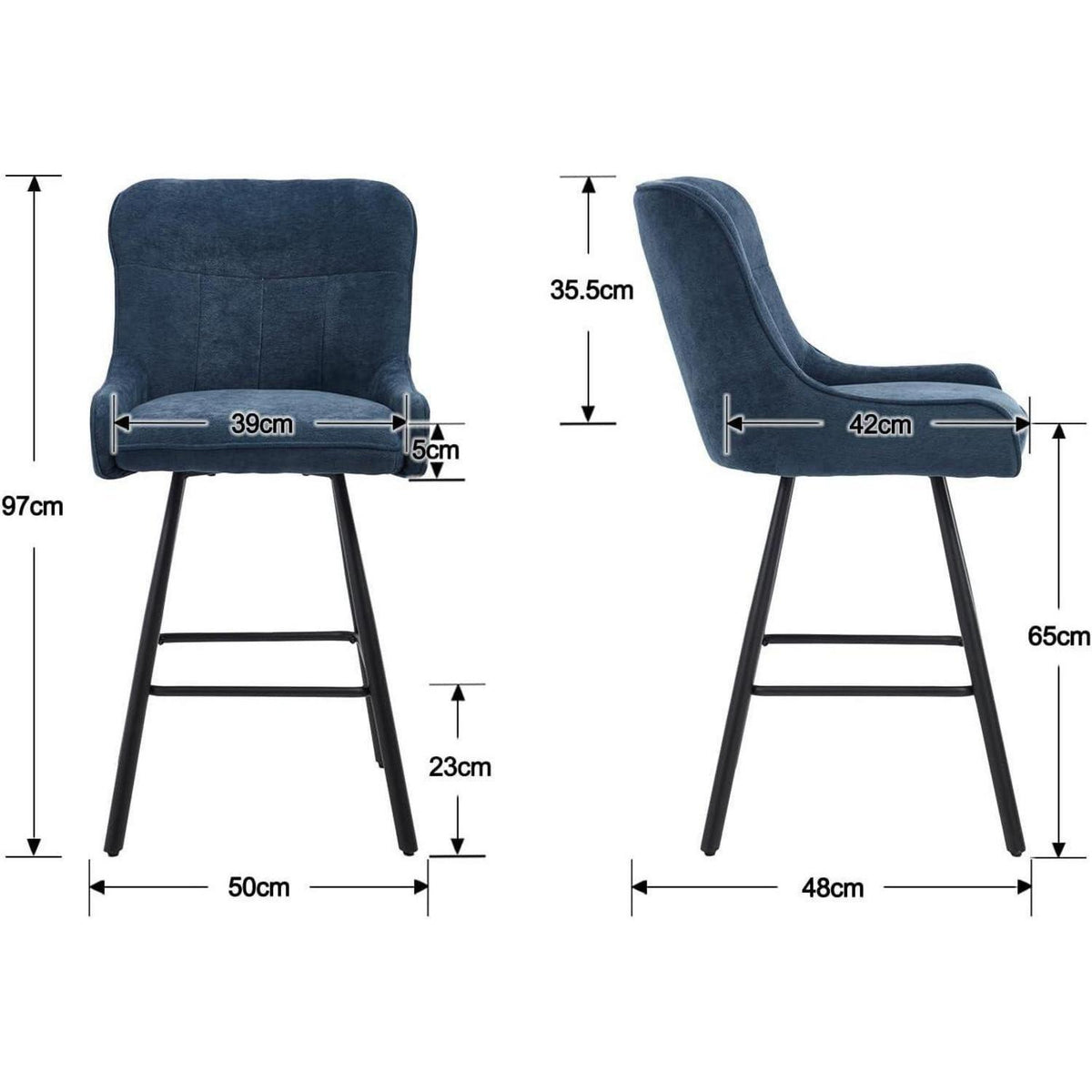 Blauer Barhocker 4er Set mit Chenille & Fußstütze