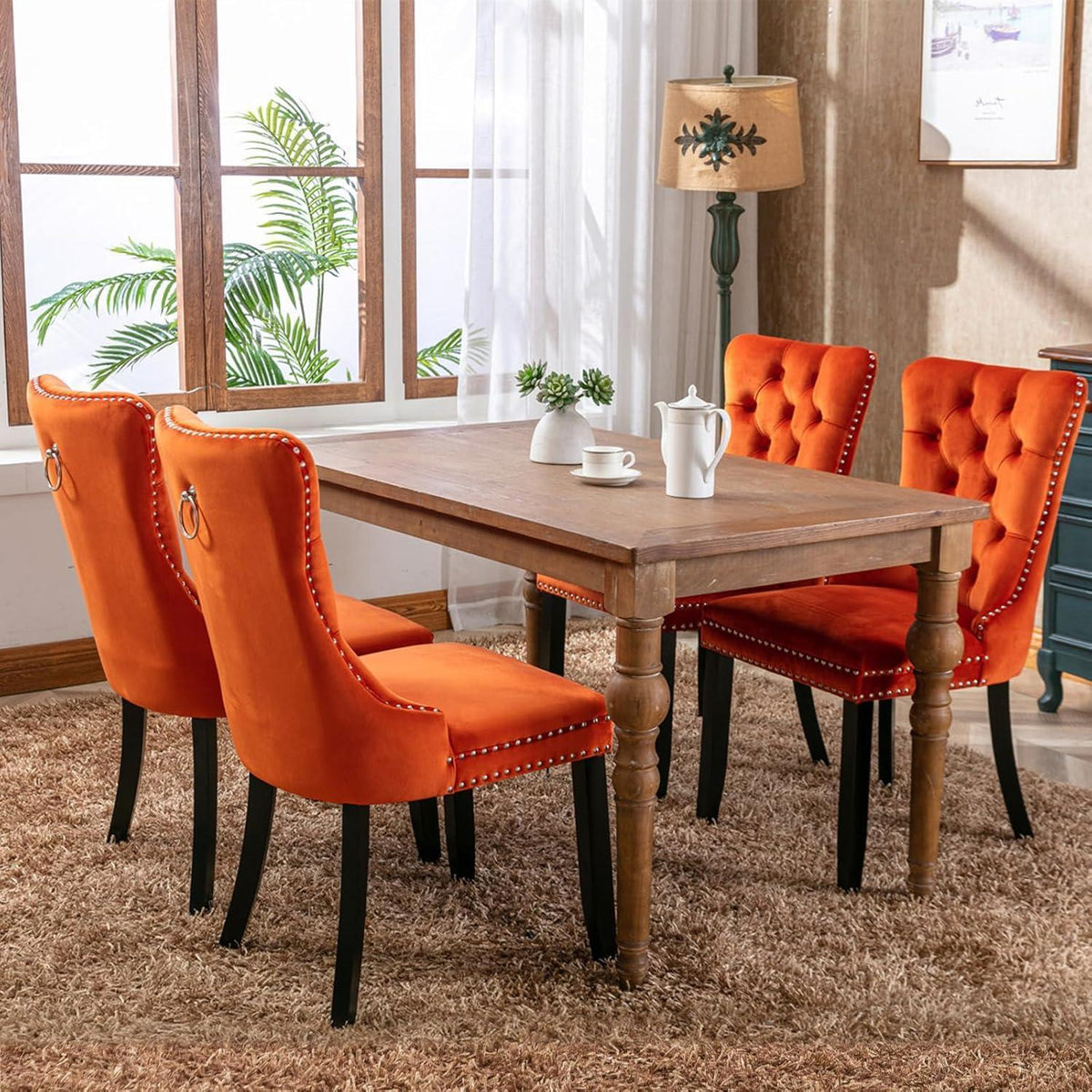 Samt Esszimmerstühle 6er Set mit Massivholzbeinen, Orange