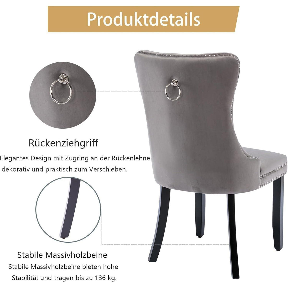 Samt Esszimmerstühle 6er Set mit Massivholzbeinen, Grau