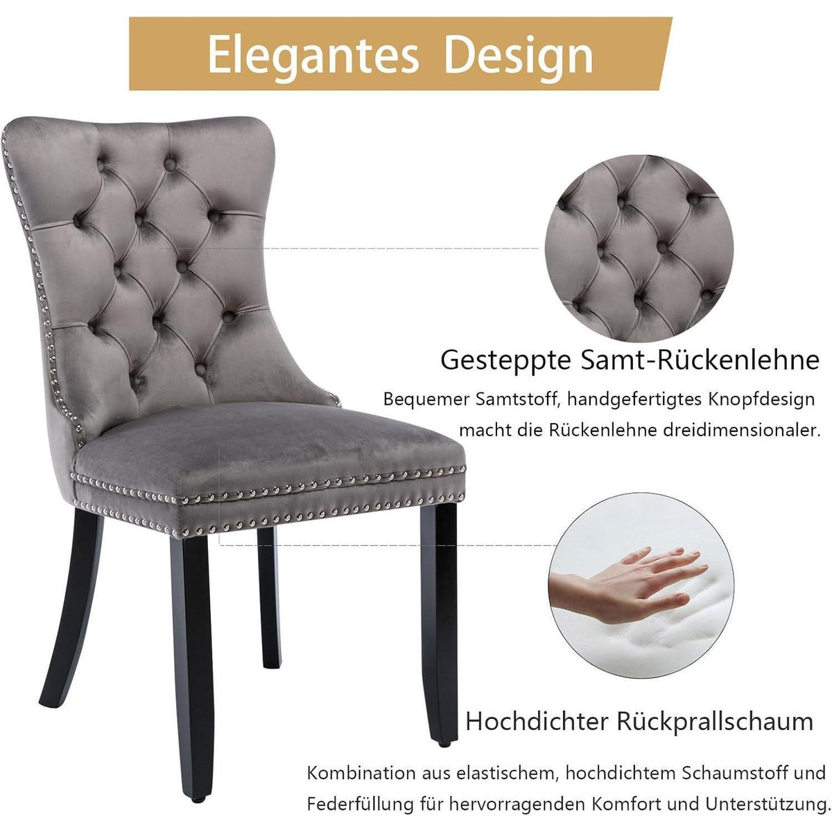 8x Samt Esszimmerstühle mit Massivholzbeinen, Grau