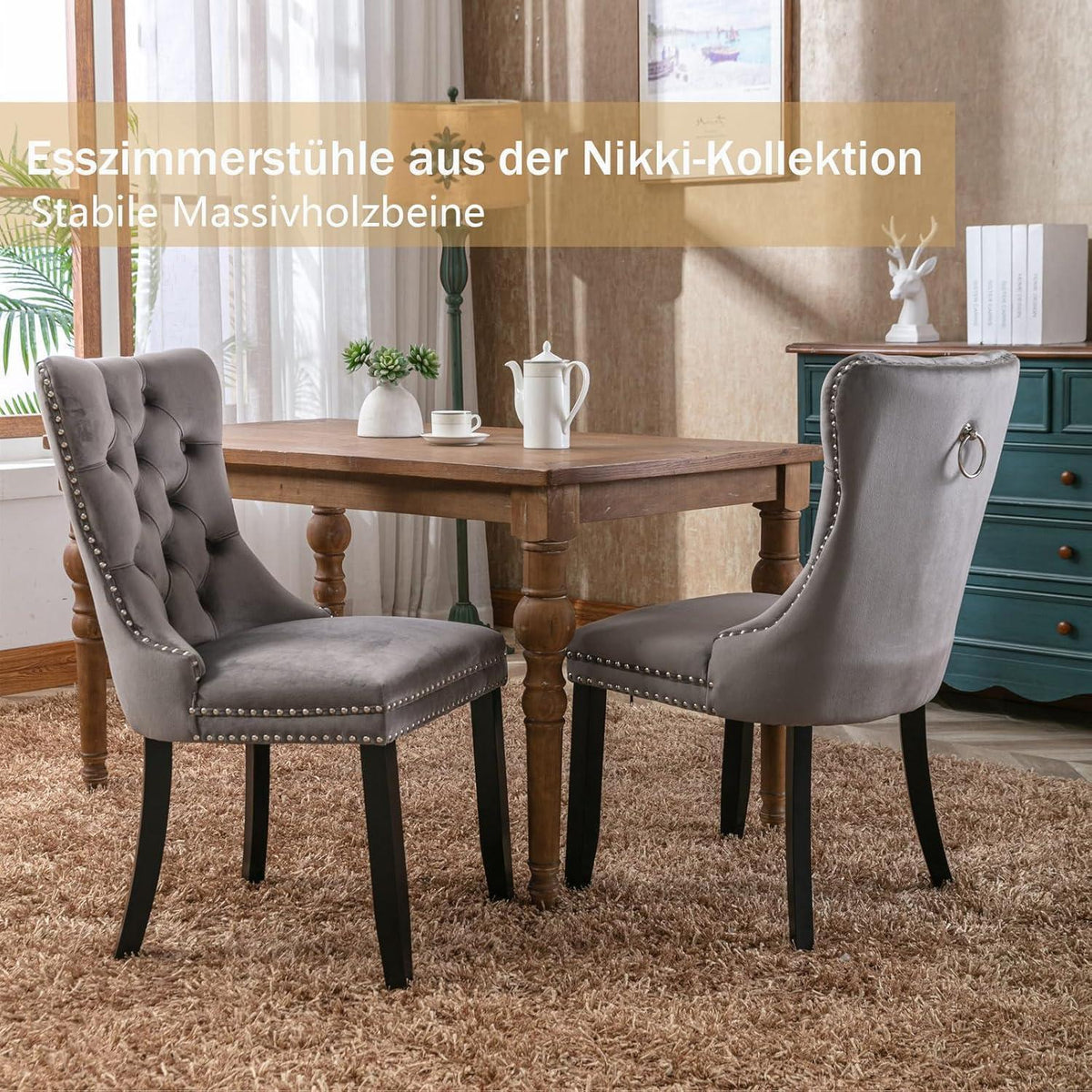 8x Samt Esszimmerstühle mit Massivholzbeinen, Grau