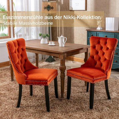 Samt Esszimmerstühle 2er Set mit Massivholzbeinen, Orange