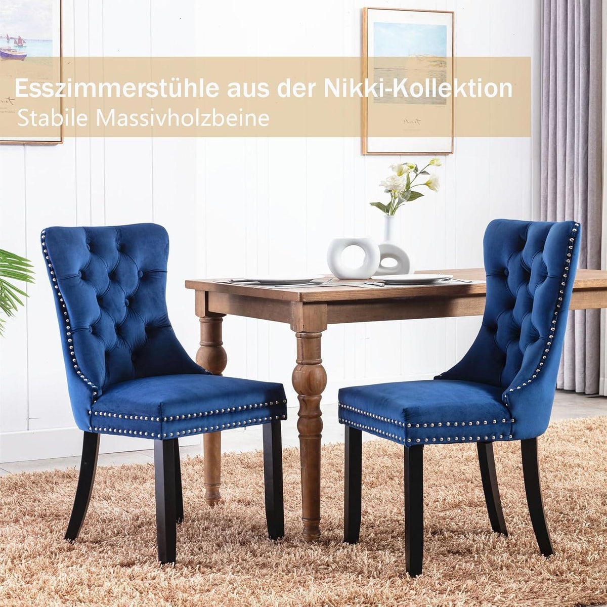 Samt Esszimmerstühle 4er Set mit Massivholzbeinen, Blau