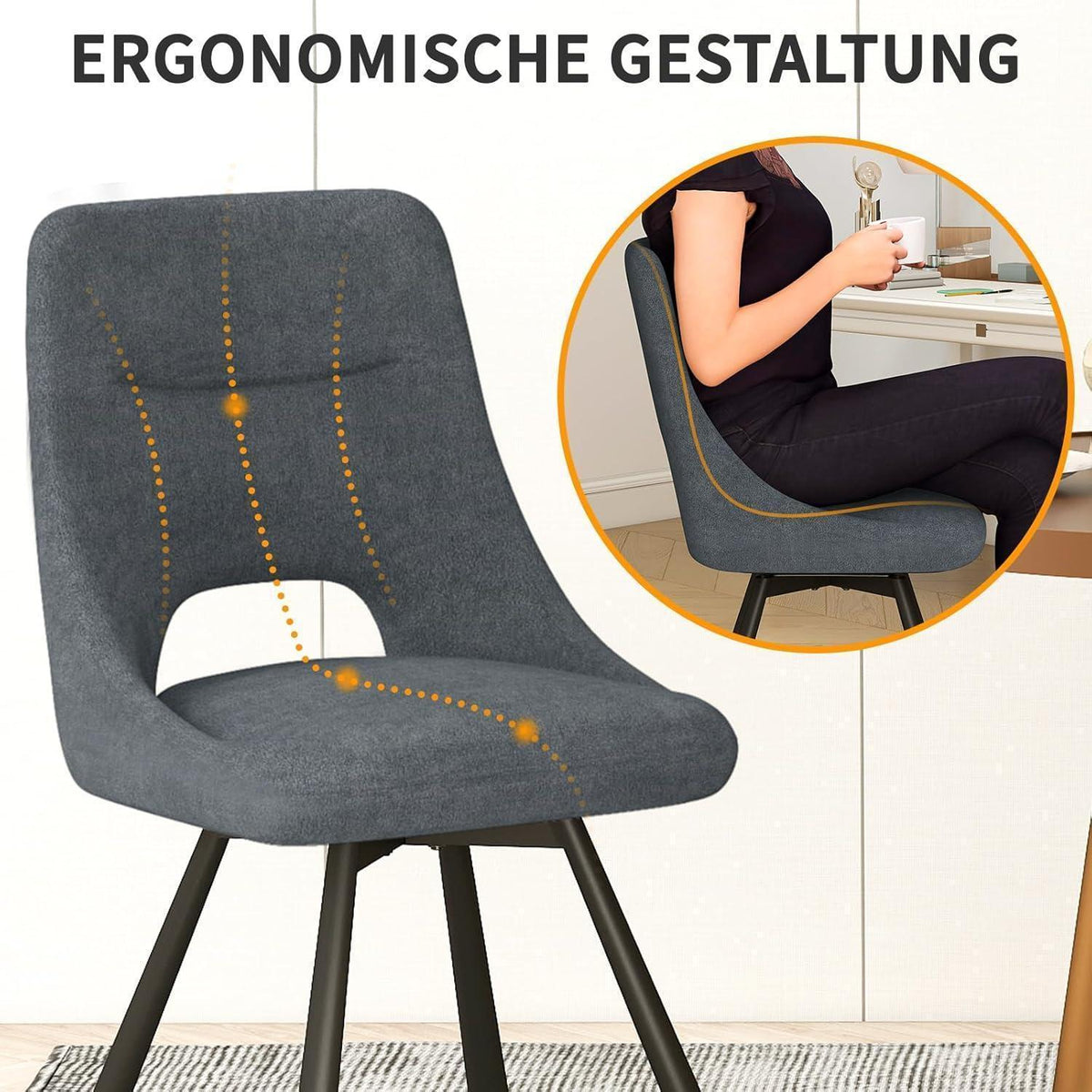 Drehbarer Esszimmerstuhl Set 2x, Modern & Gepolstert, Tiefes Grau