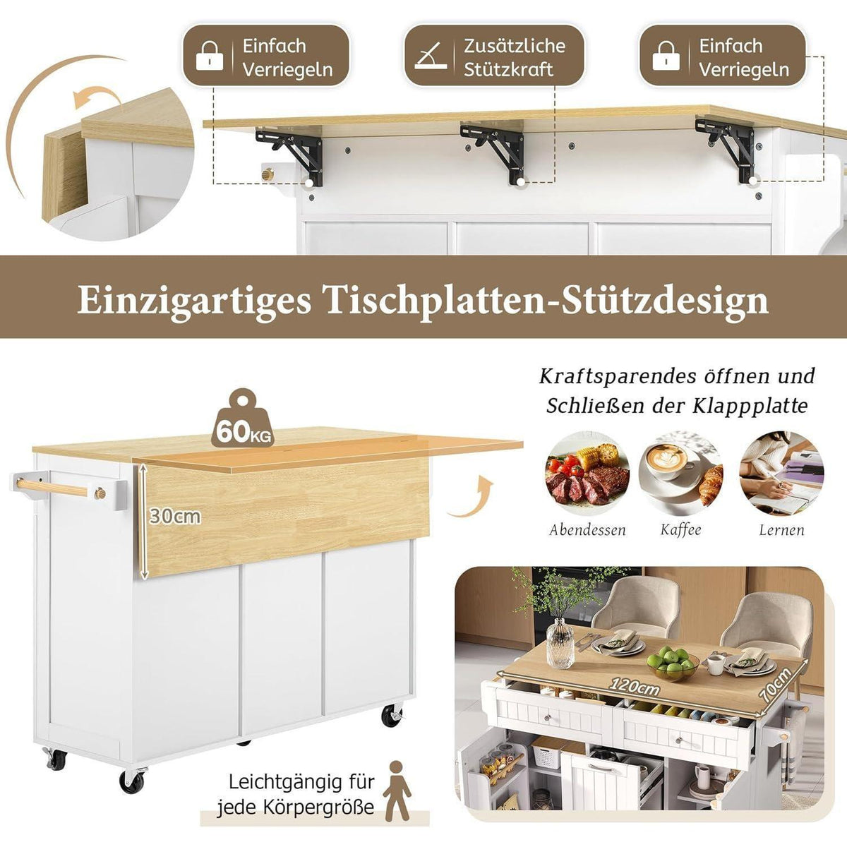 Mobile Kücheninsel Weiß – Klappbare Arbeitsplatte & Stauraum