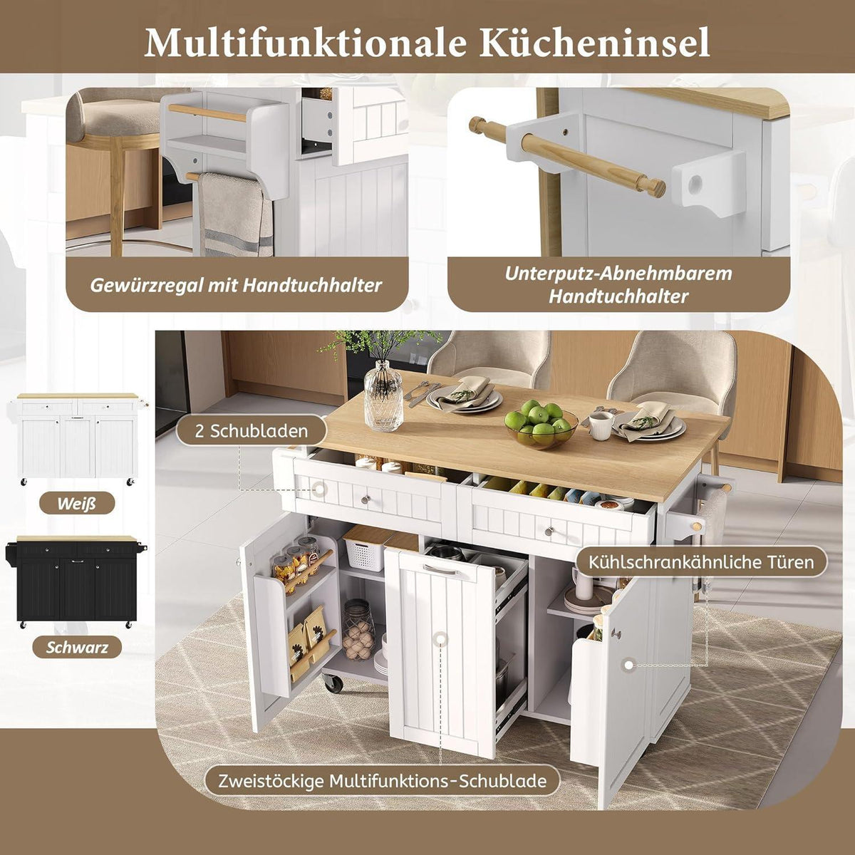 Mobile Kücheninsel Weiß – Klappbare Arbeitsplatte & Stauraum