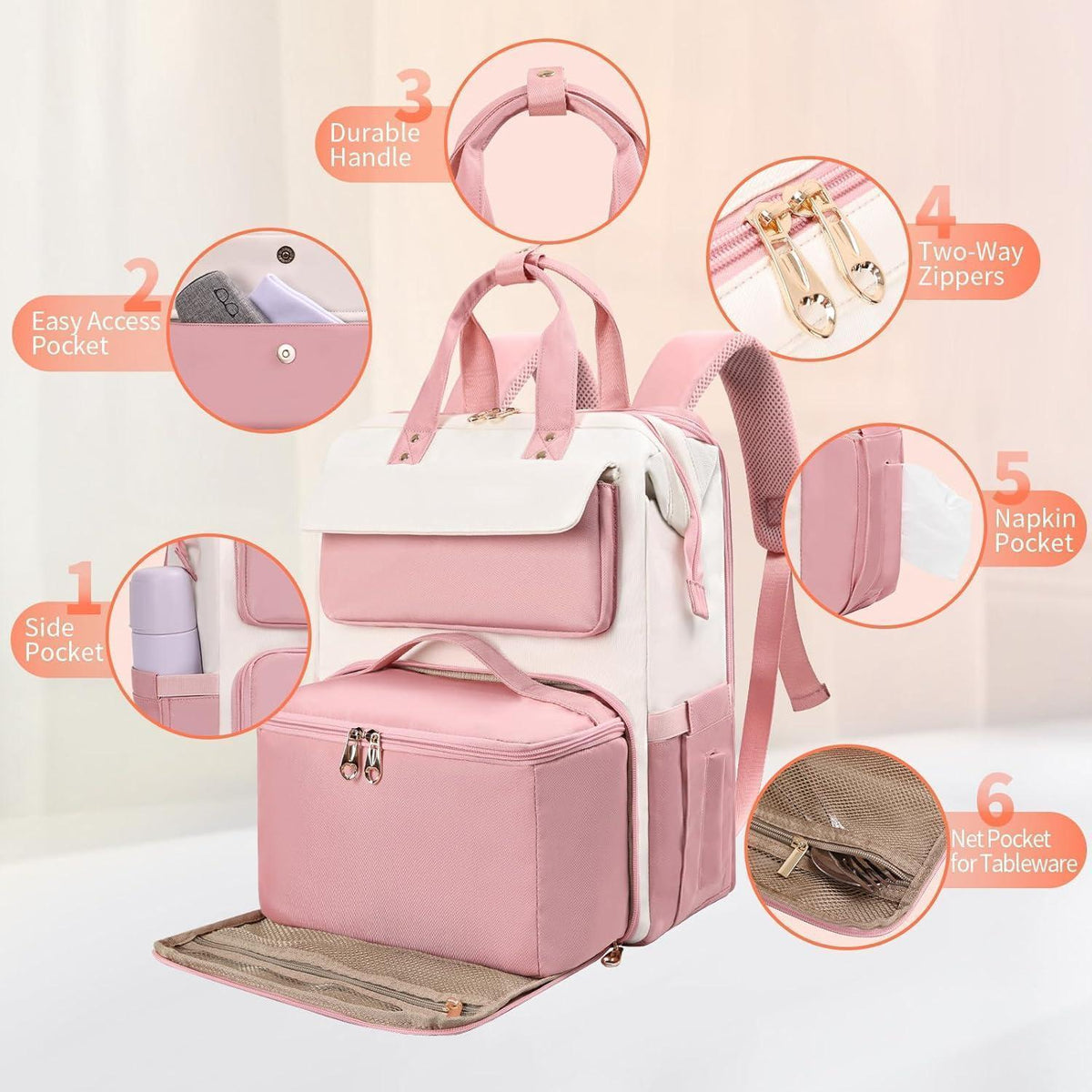 Lunch-Rucksack Damen Rosa-Beige mit Lunchbox & Laptopfach