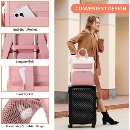 Lunch-Rucksack Damen Rosa-Beige mit Lunchbox & Laptopfach