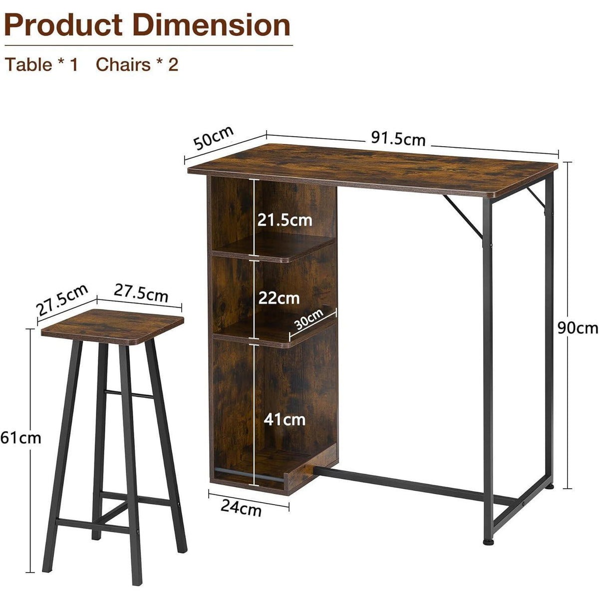 Litake Bartisch Set mit 2 Barhockern – Industrie-Stil Braun