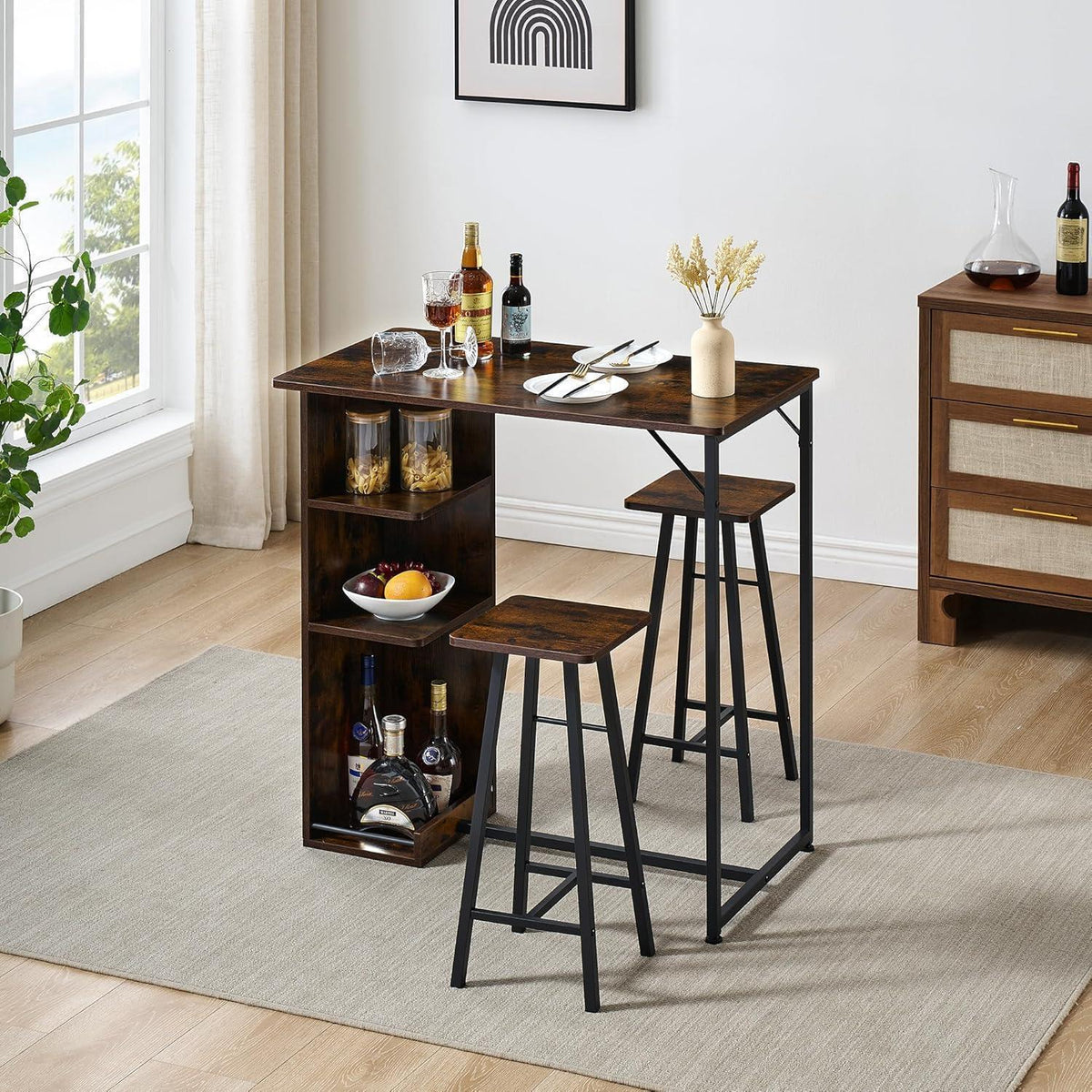 Litake Bartisch Set mit 2 Barhockern – Industrie-Stil Braun
