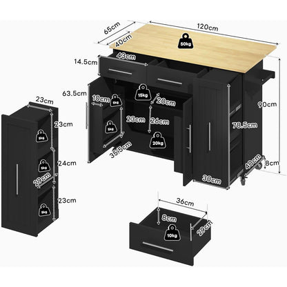 Mobile Kücheninsel mit Klappplatte & Schubladen (120cm Schwarz)
