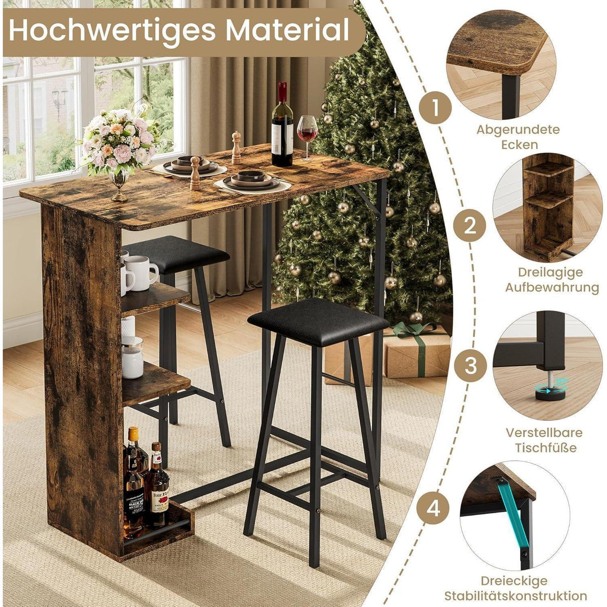 Litake Bartisch Set mit Hockern – Industrie-Stil für Küche & Bar