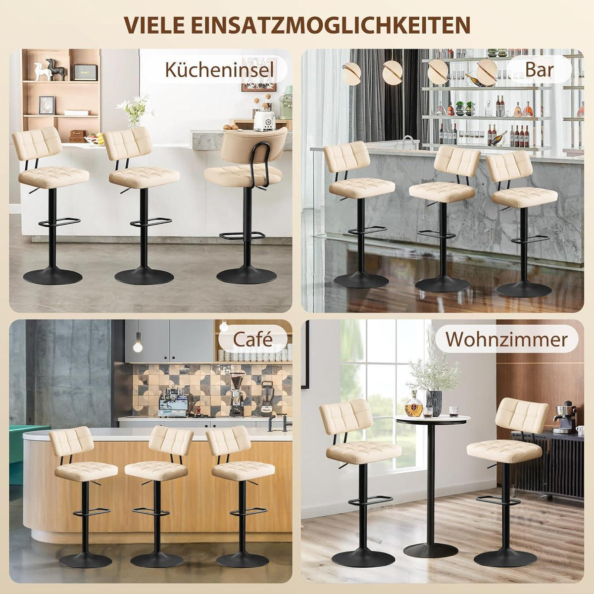 Barhocker Set 3er – Höhenverstellbar, Beige in Lederoptik