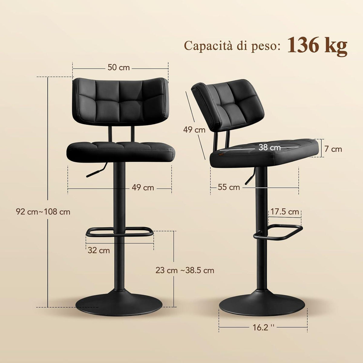 Barhocker Set 3er – Höhenverstellbar, Schwarz in Lederoptik