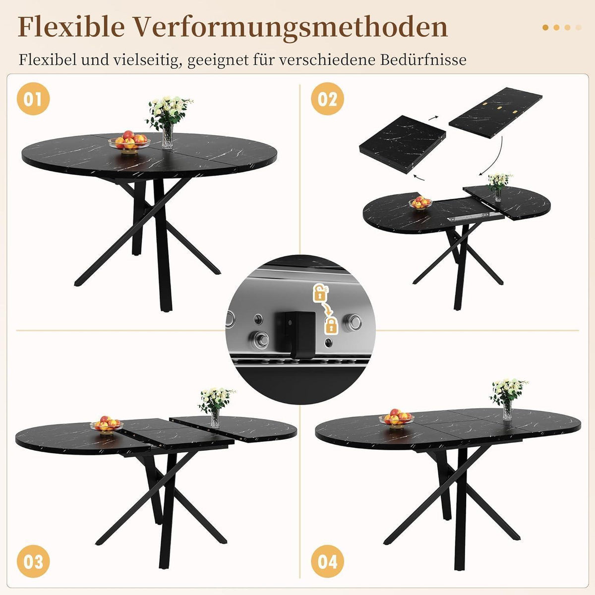 Runder Esstisch Set (100-140cm) mit 4 Velours Stühlen Beige