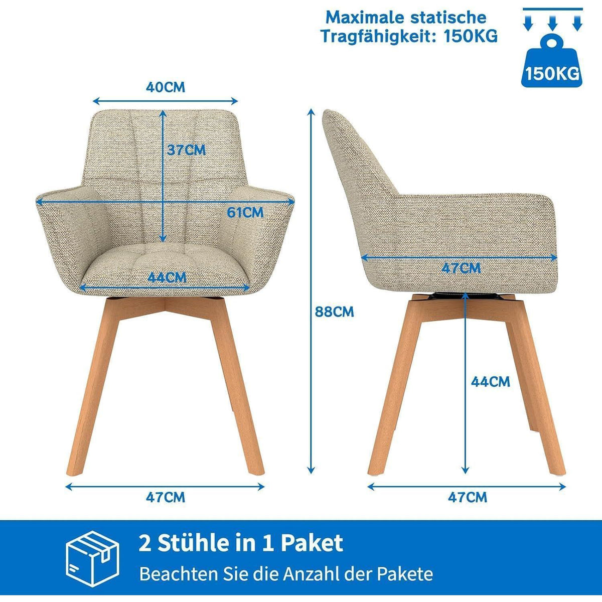 2er Set Esszimmerstühle drehbar, Samt, Holzbeine, Khaki