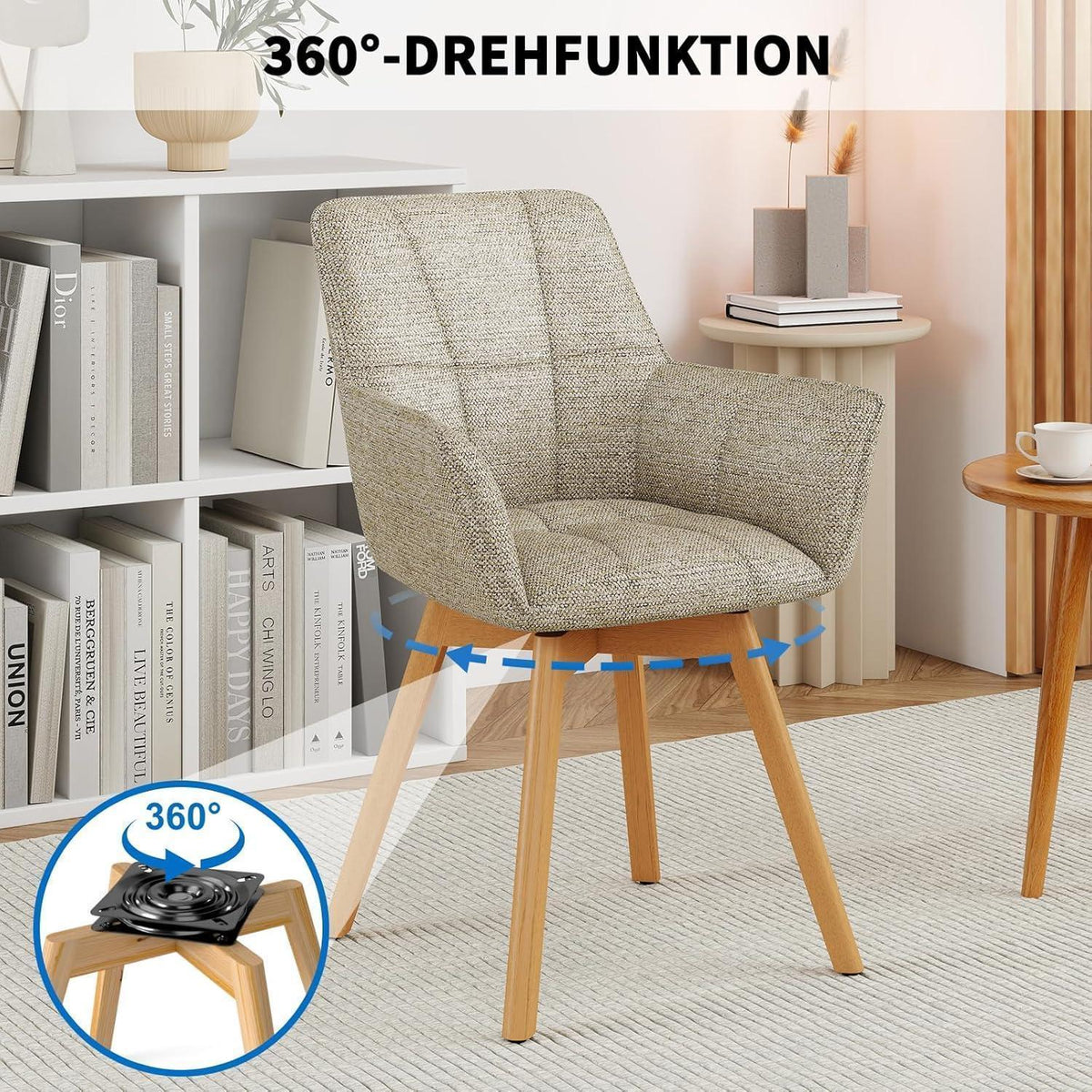4er Set Esszimmerstühle drehbar, Samt, Holzbeine, Khaki