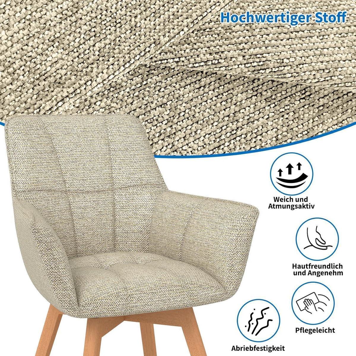 4er Set Esszimmerstühle drehbar, Samt, Holzbeine, Khaki