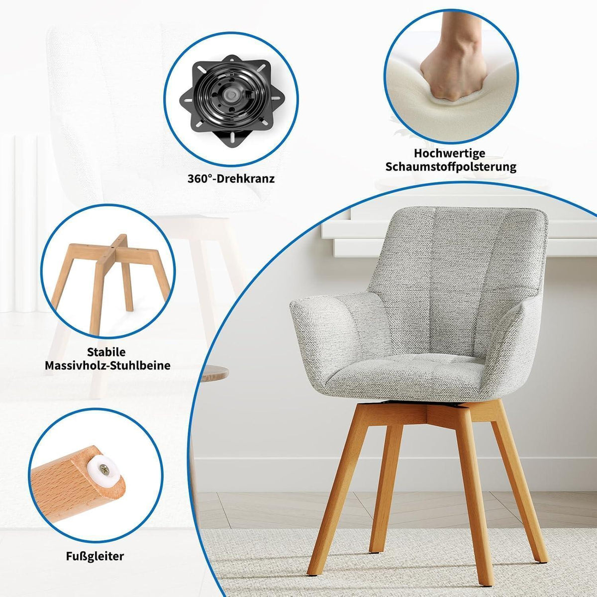6er Set Drehstühle Samt, Hellgrau – Esszimmer & Wohnzimmer