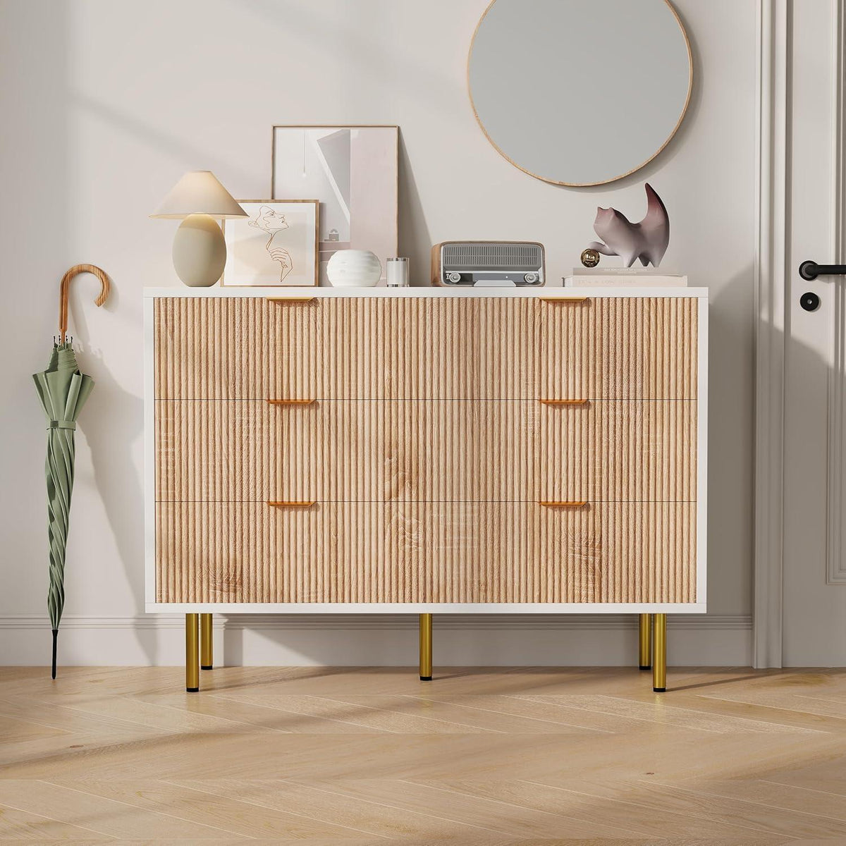 Moderne Kommode 5 Schubladen Weiß+Naturholz 100x34x73 cm