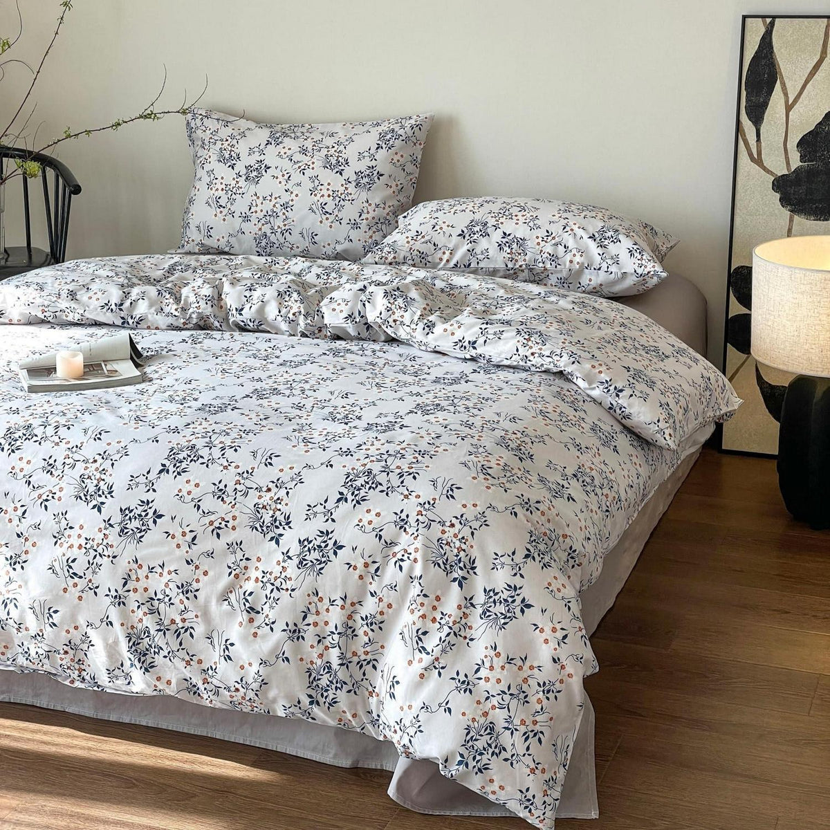 Blumen Bettwäsche Set 220x240 cm Baumwolle Weiß Blau 3tlg.