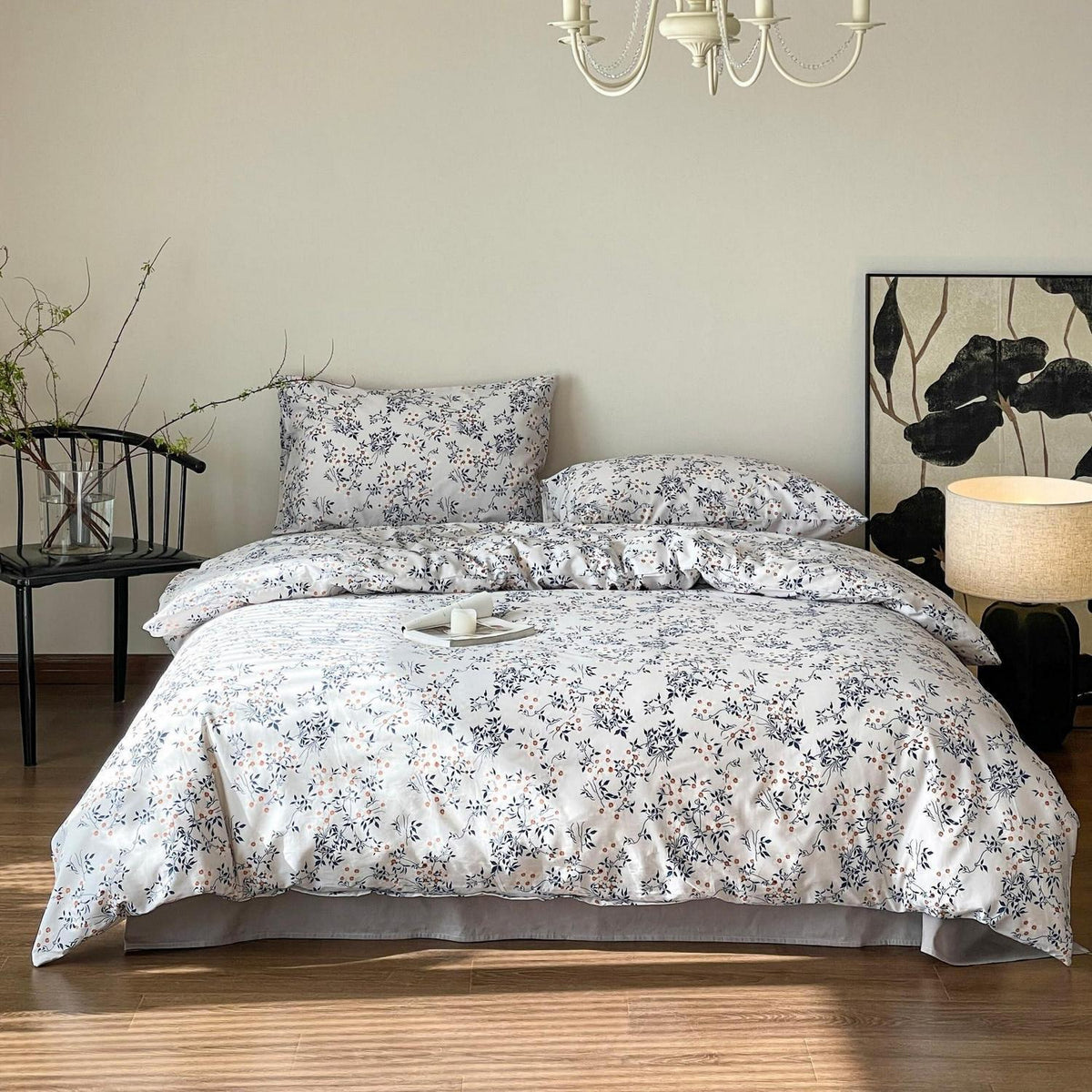 Blumen Bettwäsche Set 200x220 cm Weiß Blau 3tlg. Baumwolle